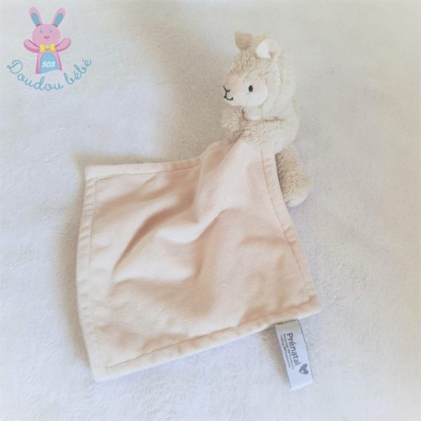 Doudou Lama blanc beige bleu mouchoir Prénatal