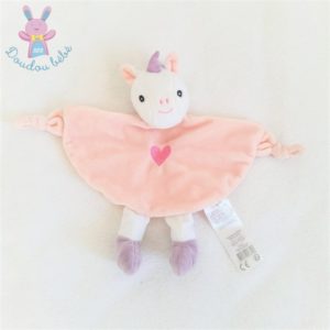 Doudou plat Licorne grelot rose blanc mauve cœur TOM & KIDDY