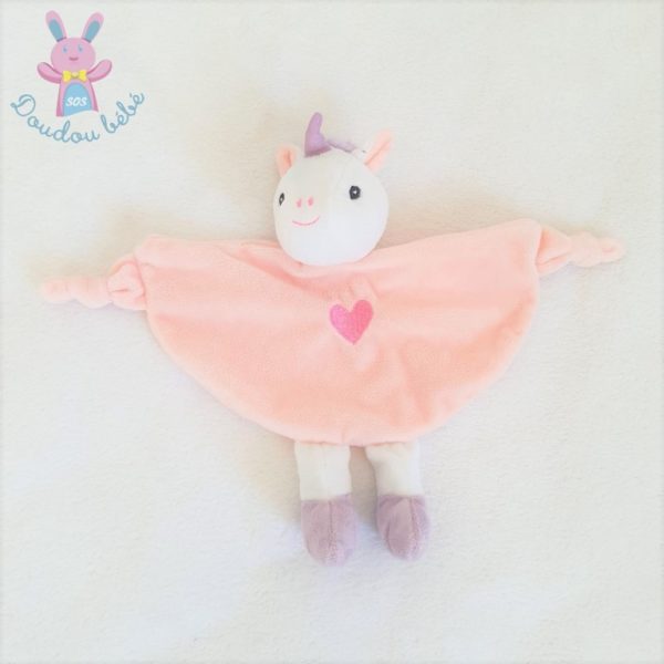 Doudou plat Licorne grelot rose blanc mauve cœur TOM & KIDDY