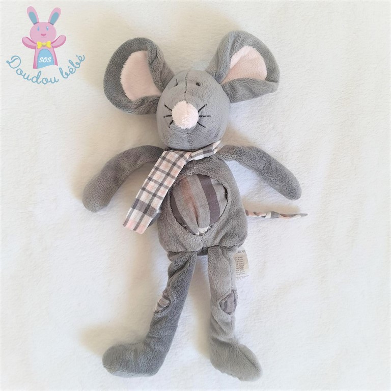 Doudou Souris gris rose blanc tissu à carreaux VERTBAUDET