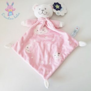 Doudou plat Ours blanc rose lune nuage étoiles luminescent NICOTOY