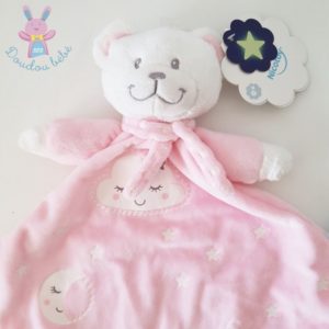 Doudou plat Ours blanc rose lune nuage étoiles luminescent NICOTOY