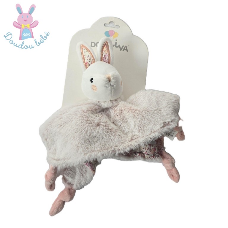 Doudou plat Chat fourrure rose blanc dessous tissu fleurs DOMIVA