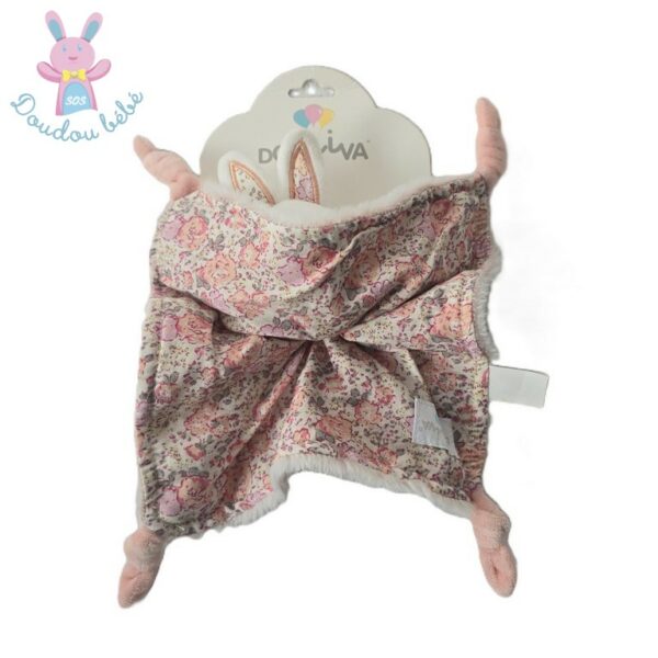 Doudou plat Chat fourrure rose blanc dessous tissu fleurs DOMIVA