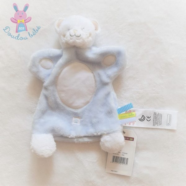 Doudou Ours marionnette bleu blanc SERGENT MAJOR