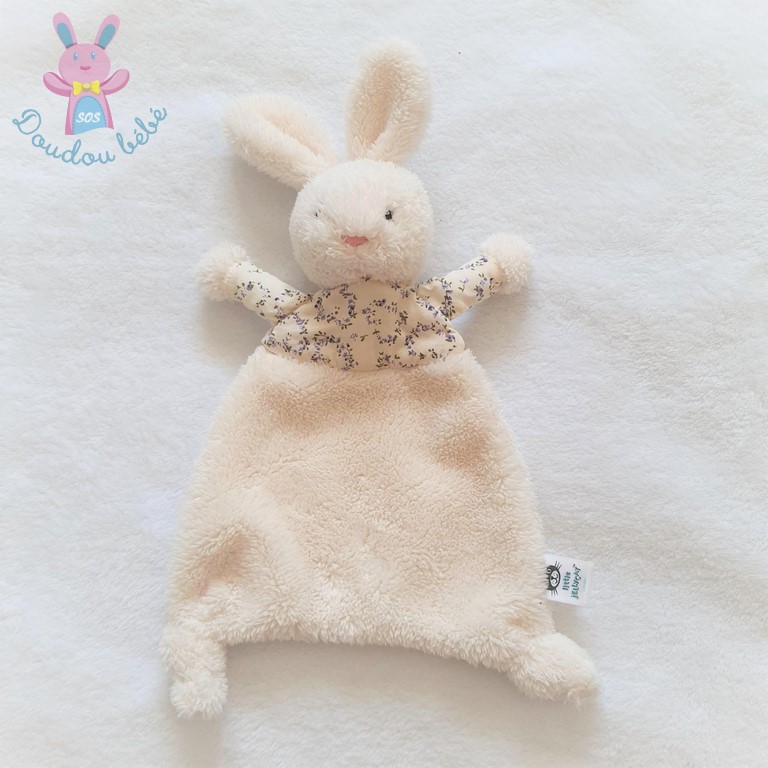 Doudou plat Lapin blanc écru fleurs mauve JELLYCAT