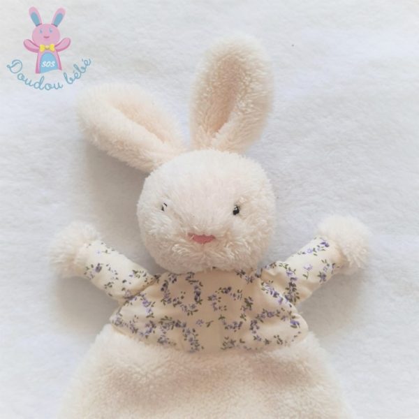 Doudou plat Lapin blanc écru fleurs mauve JELLYCAT