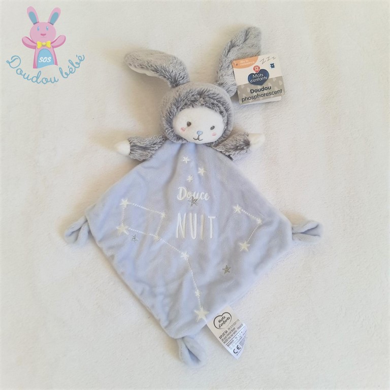 Doudou plat Lapin Ours bleu douce nuit étoiles MOTS D'ENFANTS