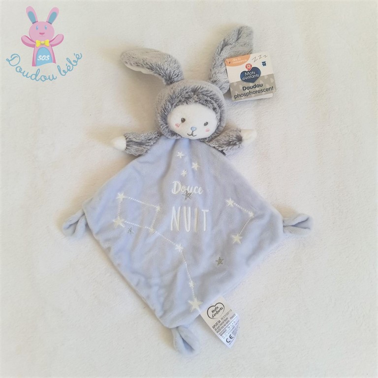 Doudou bleu ours lapin Douce nuit Mots d'enfant - Leclerc