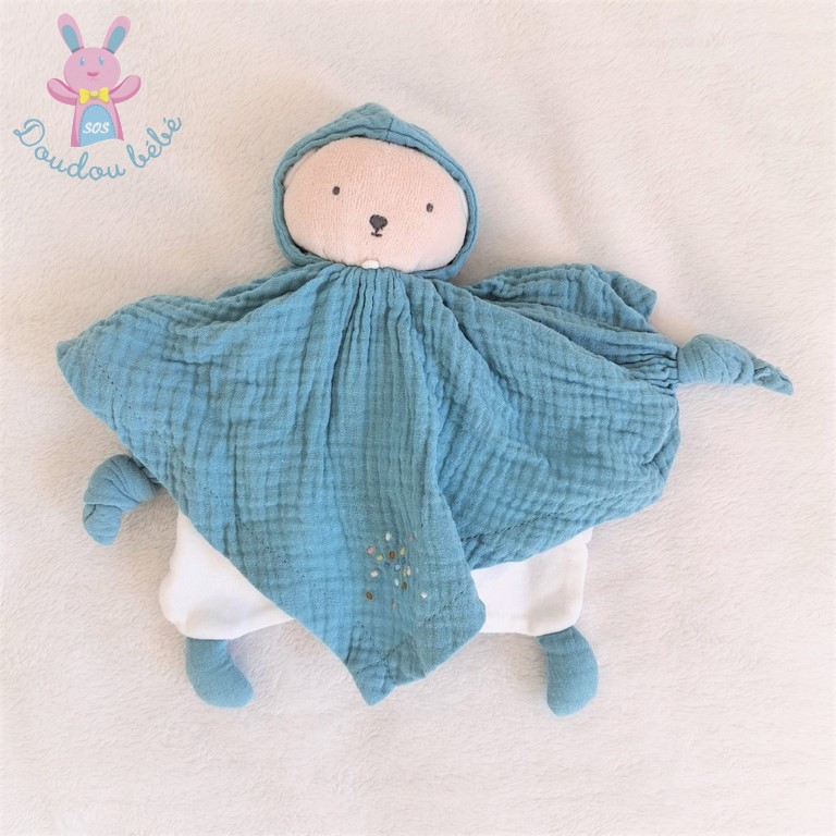 Doudou plat Ours coton bio bleu blanc capuche Petit Pas KALOO