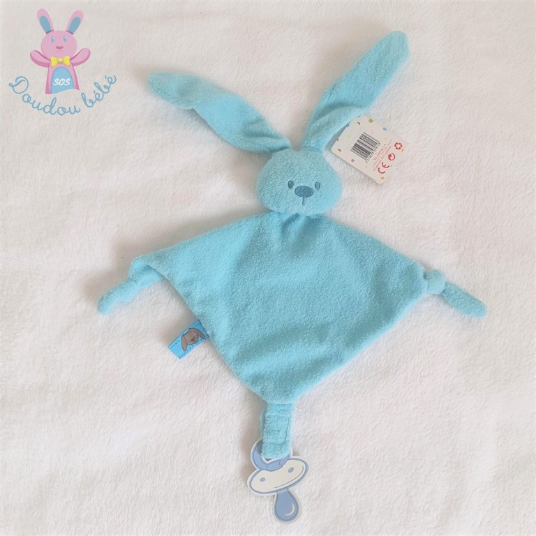 Doudou plat à noeud, oreille de lapin et attache tétine en coton bio et  polaire tout doux, Handmade in France