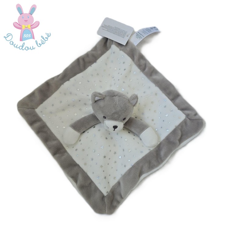 Doudou plat Chat gris et blanc étoiles argent OBAIBI
