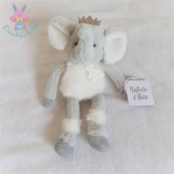 Doudou éléphant Elfy gris blanc argenté 25 cm HISTOIRE D'OURS