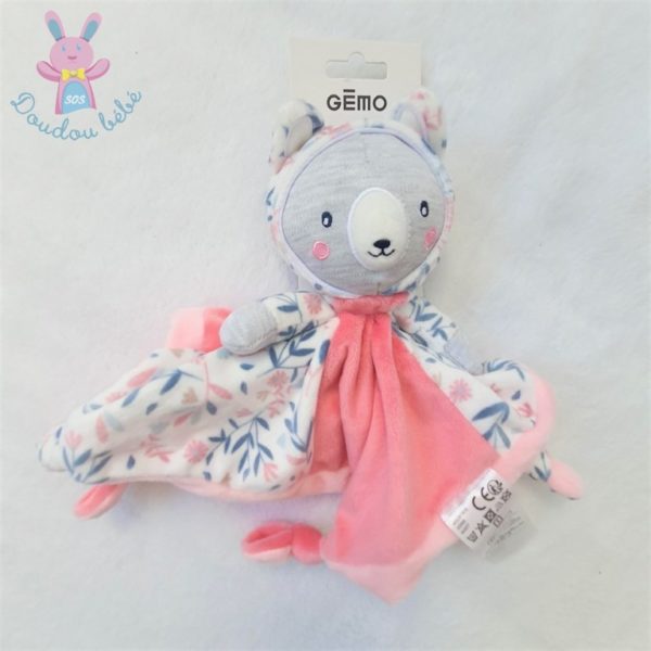 Doudou plat Ours Chat rose gris blanc fleurs Gémo