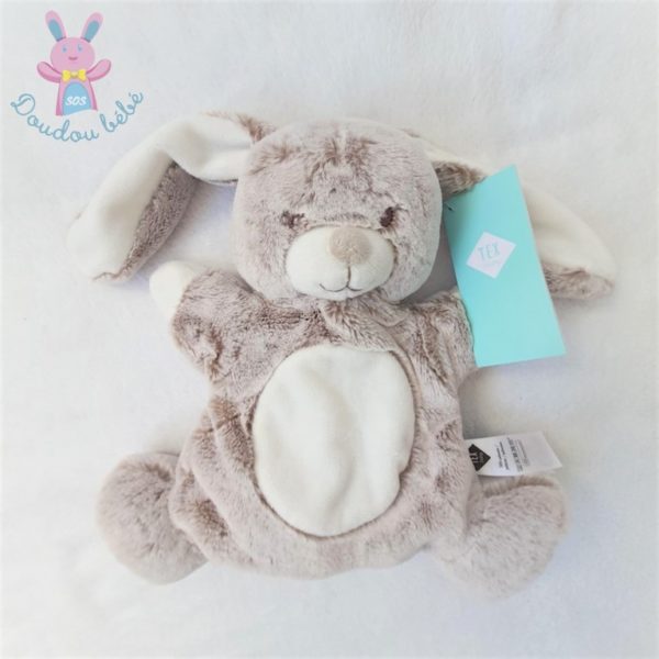 Doudou Lapin marionnette blanc et beige chiné TEX BABY