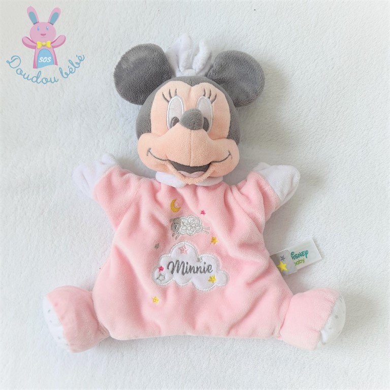 Doudou Minnie marionnette rose blanc mouton nuage DISNEY