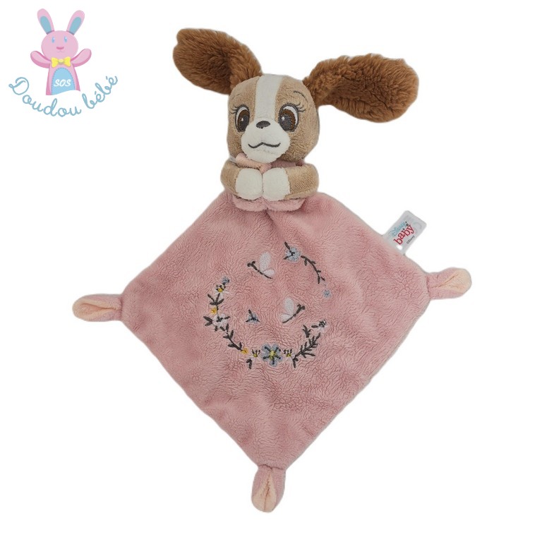 Doudou plat Chien Belle et le Clochard rose fleurs DISNEY BABY