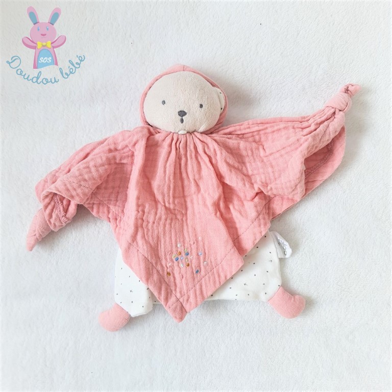 Doudou plat Ours coton bio rose blanc capuche Petit Pas KALOO