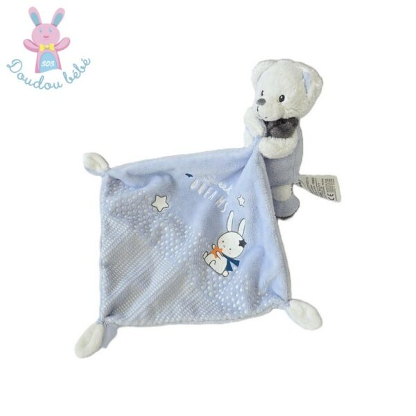 Doudou Ours bleu blanc mouchoir sweet dreams MOTS D'ENFANTS