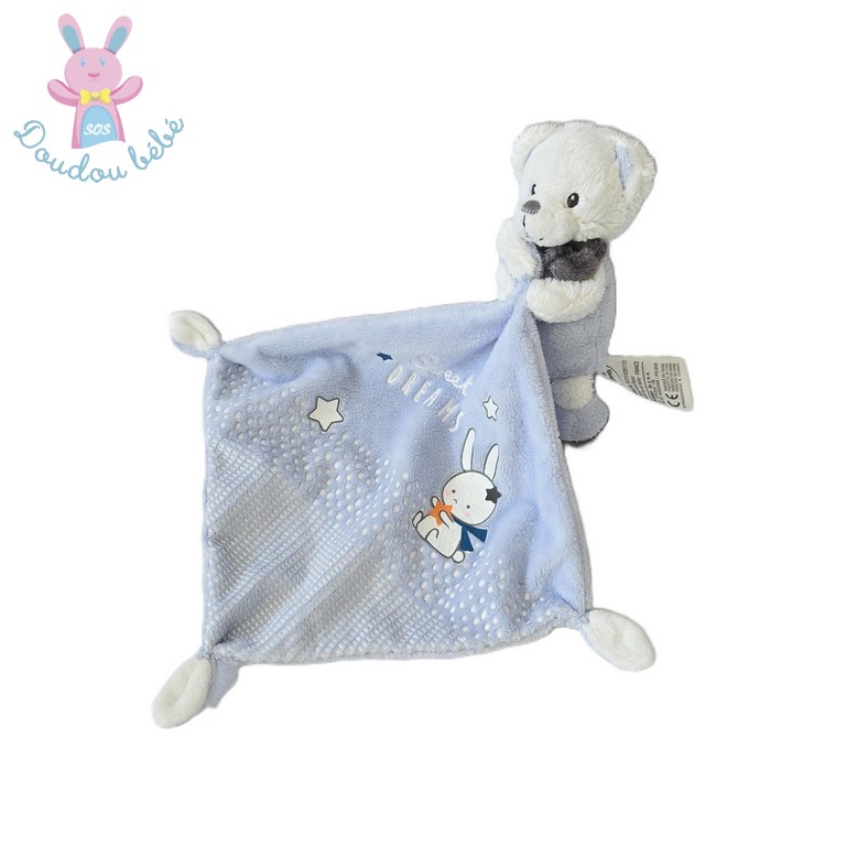 Doudou Ours bleu blanc mouchoir sweet dreams MOTS D'ENFANTS