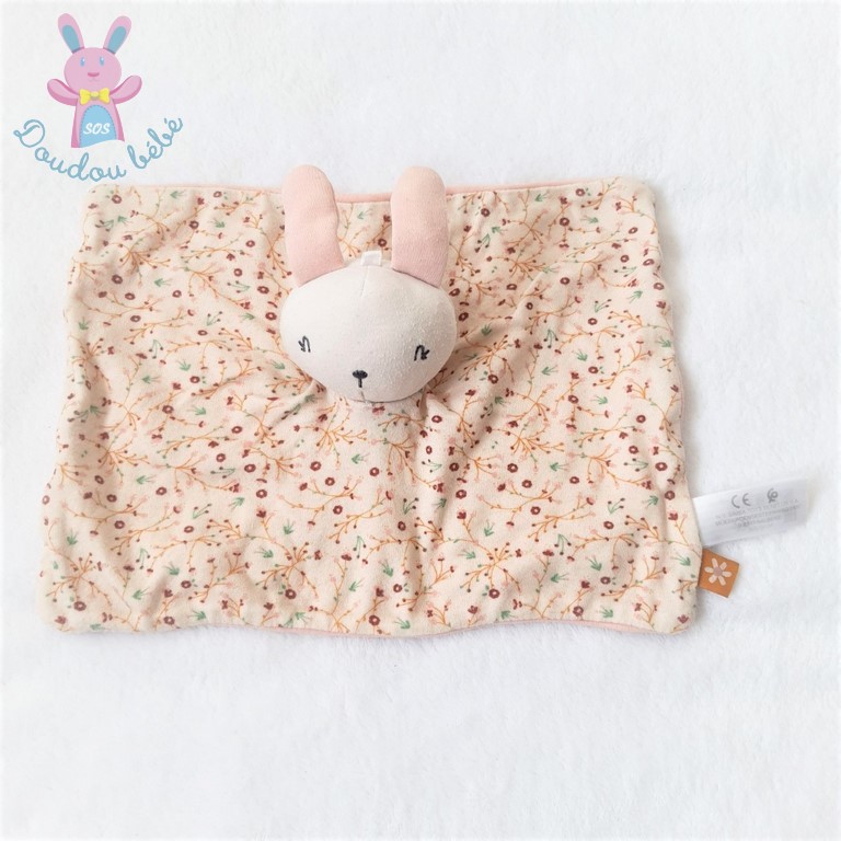 Doudou plat Lapin rose beige crème fleurs SIMBA KIABI