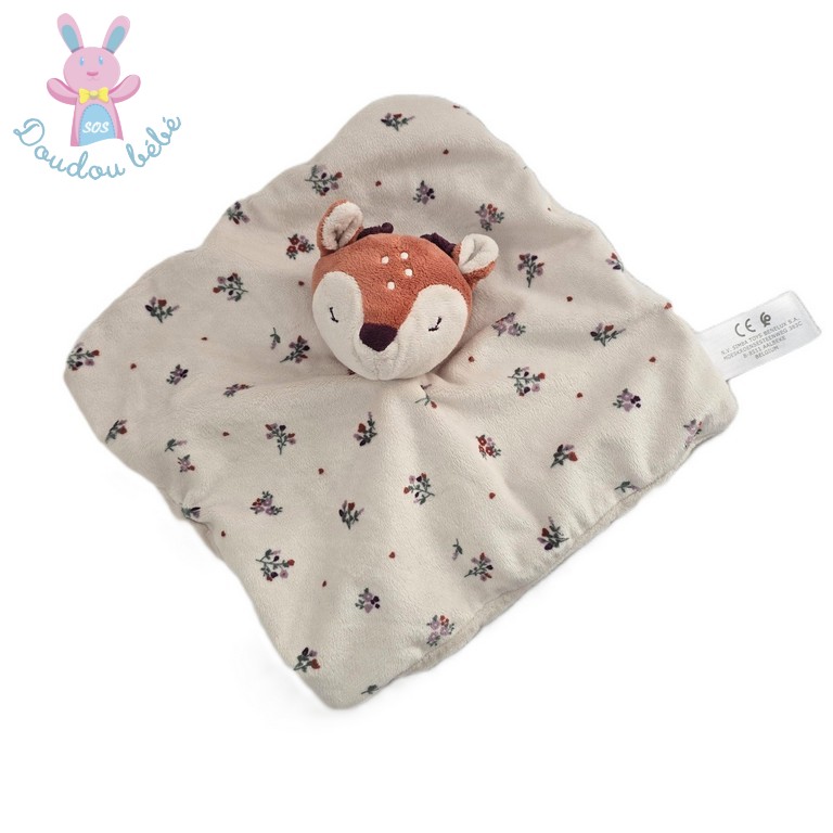 Doudou plat Cerf Renne blanc beige marron fleurs SIMBA TOYS
