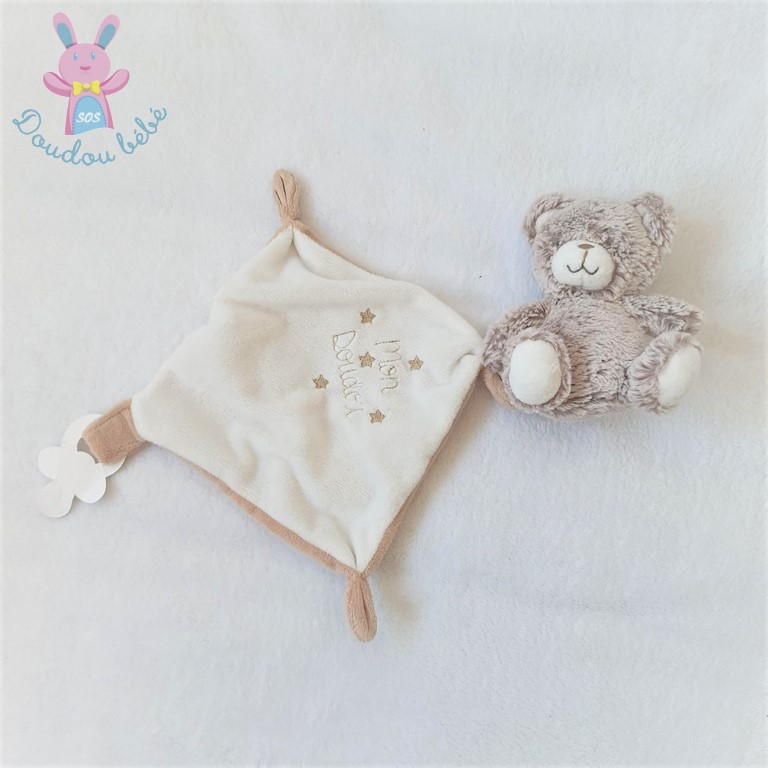 Doudou Ours beige blanc mouchoir "mon doudou" attache tétine TEX