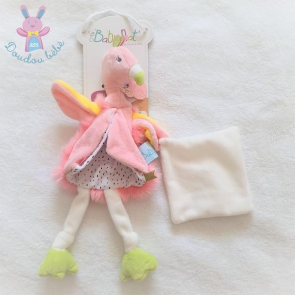 Doudou plat Flamant rose mouchoir blanc BABY NAT