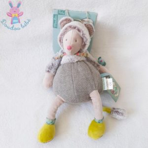 Doudou Souris Les pachats fourrure gris jaune vert MOULIN ROTY