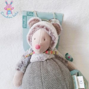 Doudou Souris Les pachats fourrure gris jaune vert MOULIN ROTY