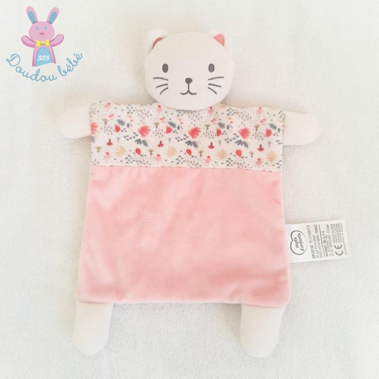 Doudou plat Chat rose blanc motif fleurs MOTS D'ENFANTS