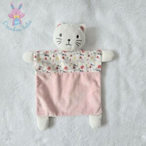 Doudou plat Chat rose blanc motif fleurs MOTS D’ENFANTS