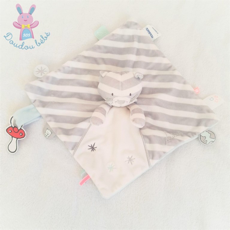 Doudou plat Chat Anna & Milo rayé gris blanc NOUKIE’S