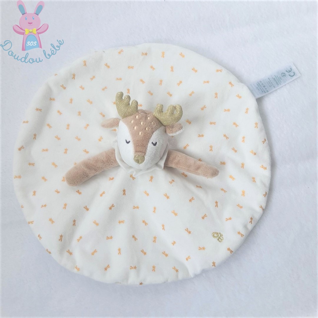 Doudou plat Biche Faon rond blanc beige étoiles OBAIBI OKAIDI