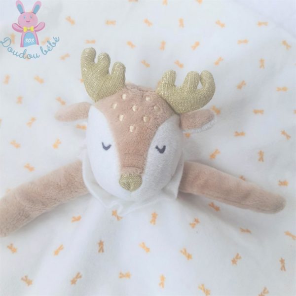 Doudou plat Biche Faon rond blanc beige étoiles OBAIBI OKAIDI