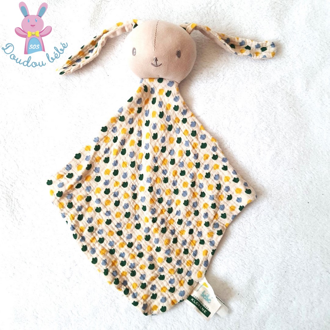 Doudou plat Lapin lange beige fleurs jaune vert bleu KLORANE