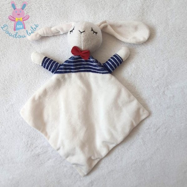 Doudou plat Lapin blanc et rayé bleu marine ENVIE DE FRAISE