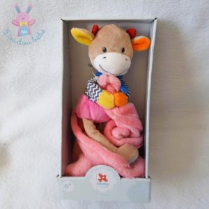 Doudou Girafe vache multicolore couverture rose NICOTOY SIMBA