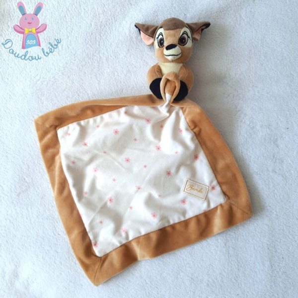 Doudou plat Bambi biche faon beige marron fleurs DISNEY