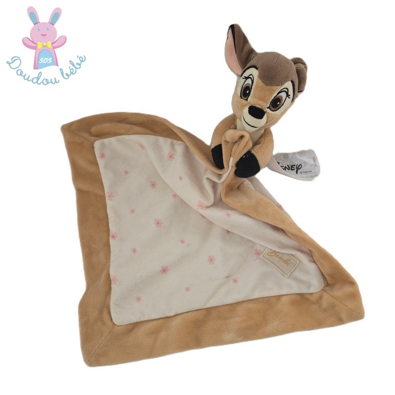 Doudou plat Bambi biche faon beige marron fleurs DISNEY