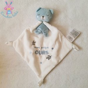 Doudou Ours bleu blanc cape « mon papa ours » MOTS D’ENFANTS