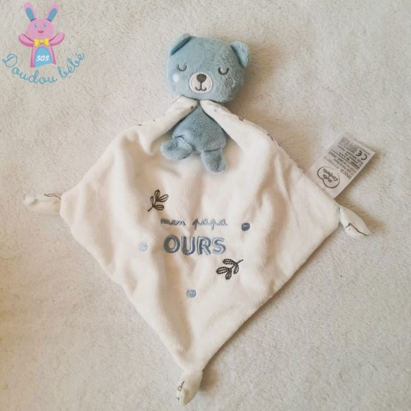 Doudou Ours bleu blanc cape "mon papa ours" MOTS D'ENFANTS