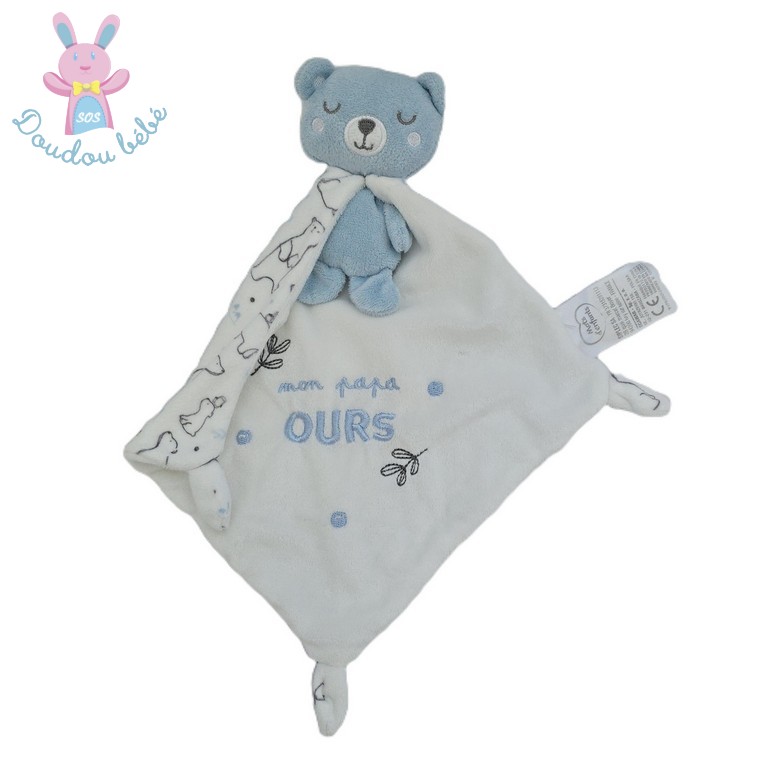 Doudou Ours bleu blanc cape "mon papa ours" MOTS D'ENFANTS