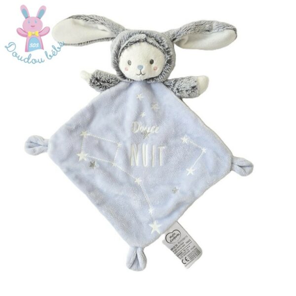 Doudou plat Lapin Ours bleu douce nuit étoiles MOTS D'ENFANTS