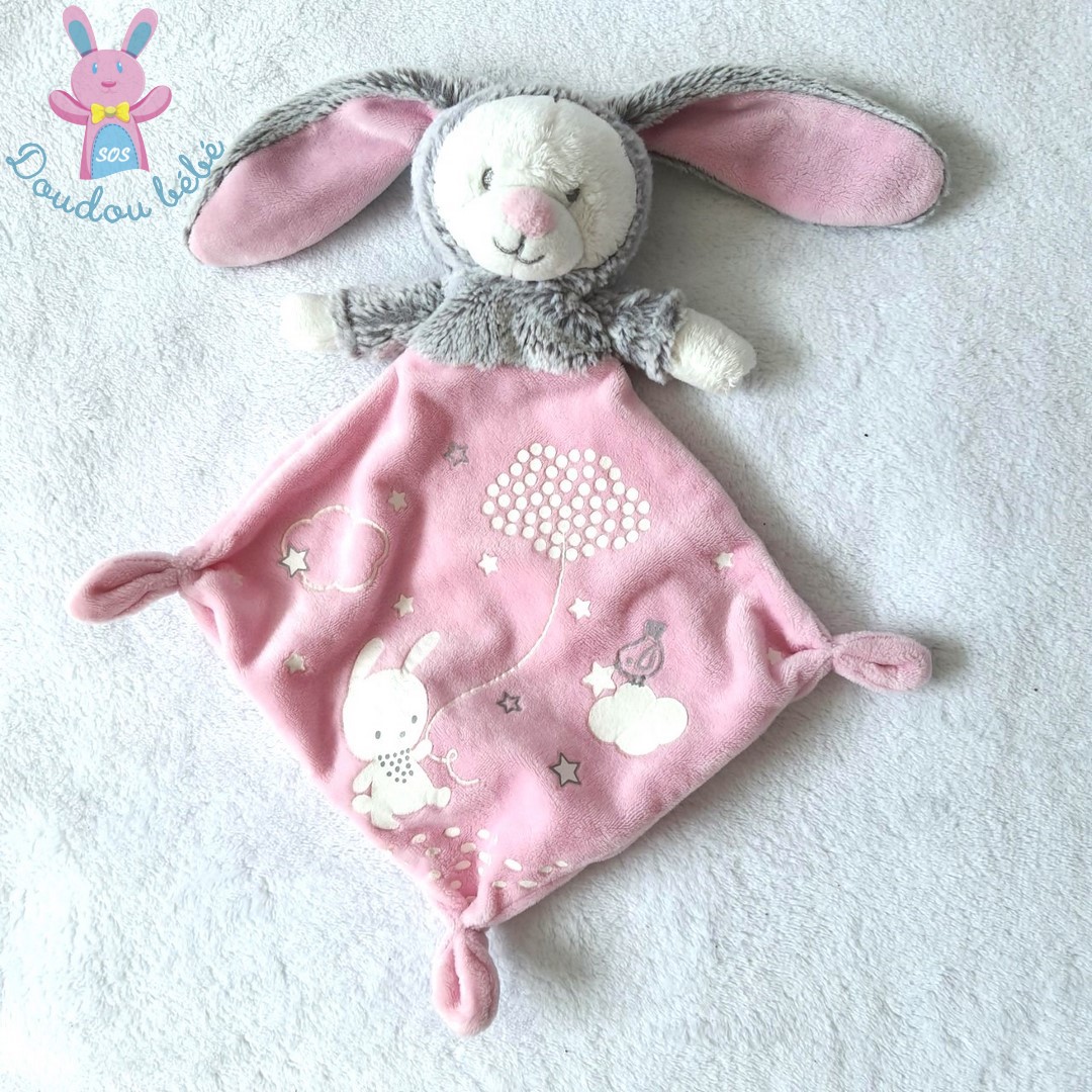 Doudou plat Lapin gris rose MOTS D'ENFANTS