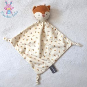 Doudou plat Renard blanc beige marron fleurs roses ORCHESTRA