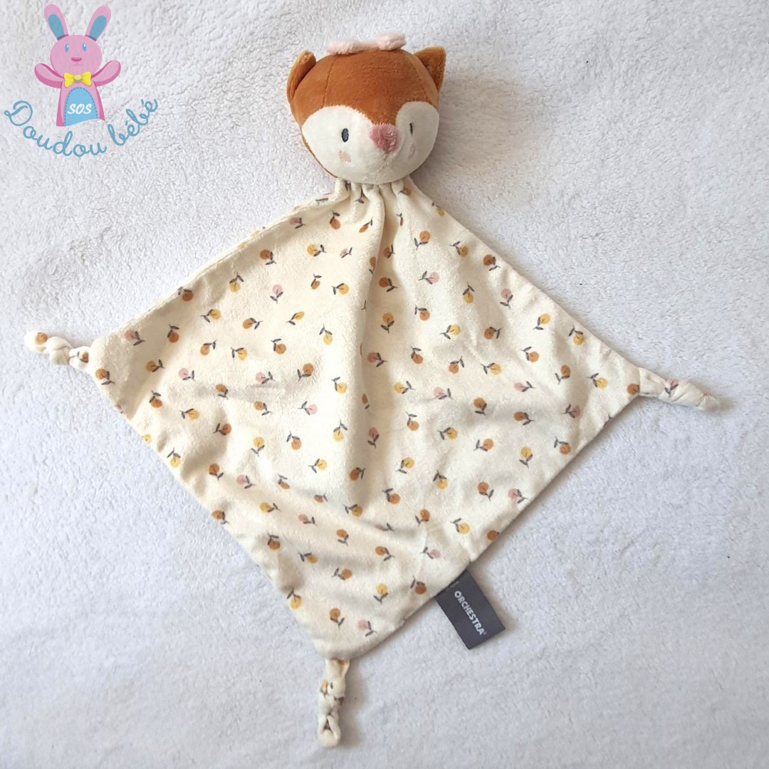 Doudou plat Renard blanc beige marron fleurs roses ORCHESTRA