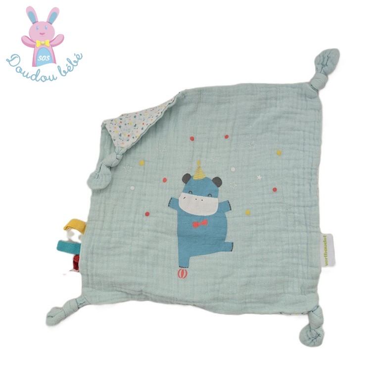 Doudou plat lange Hippopotame bleu blanc étoiles VERBAUDET