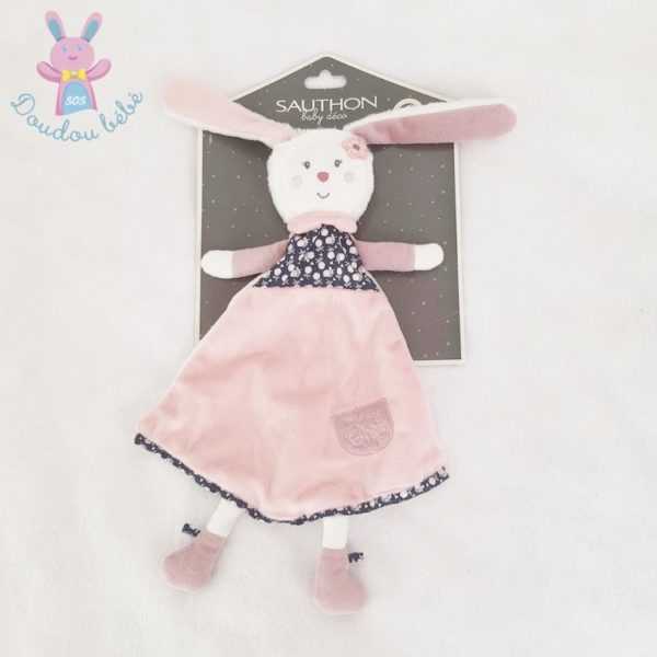 Doudou plat Lapin Miss Chipie rose blanc gris fleurs SAUTHON