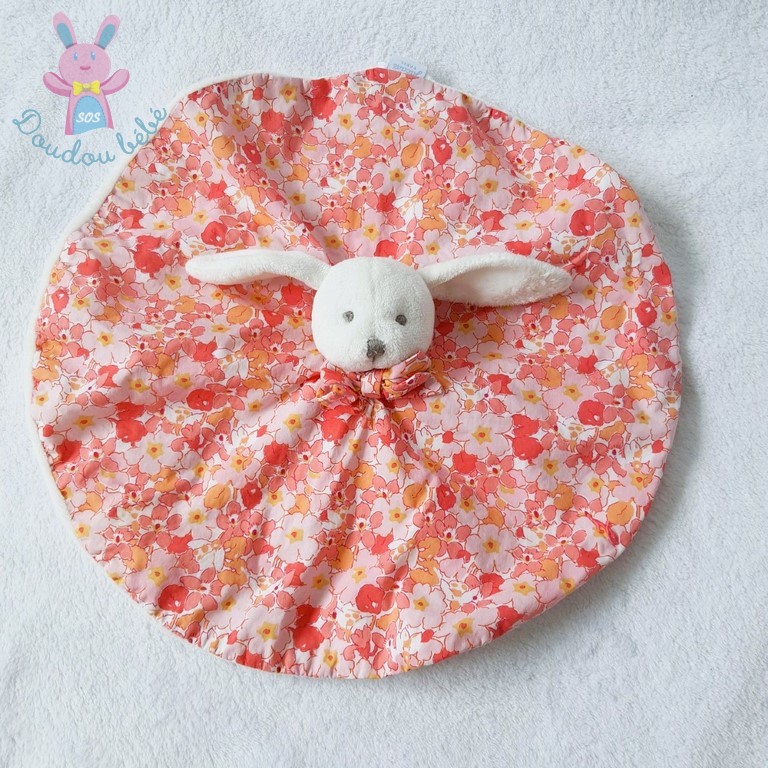 Doudou plat Lapin rond blanc rose saumon orange fleurs JACADI